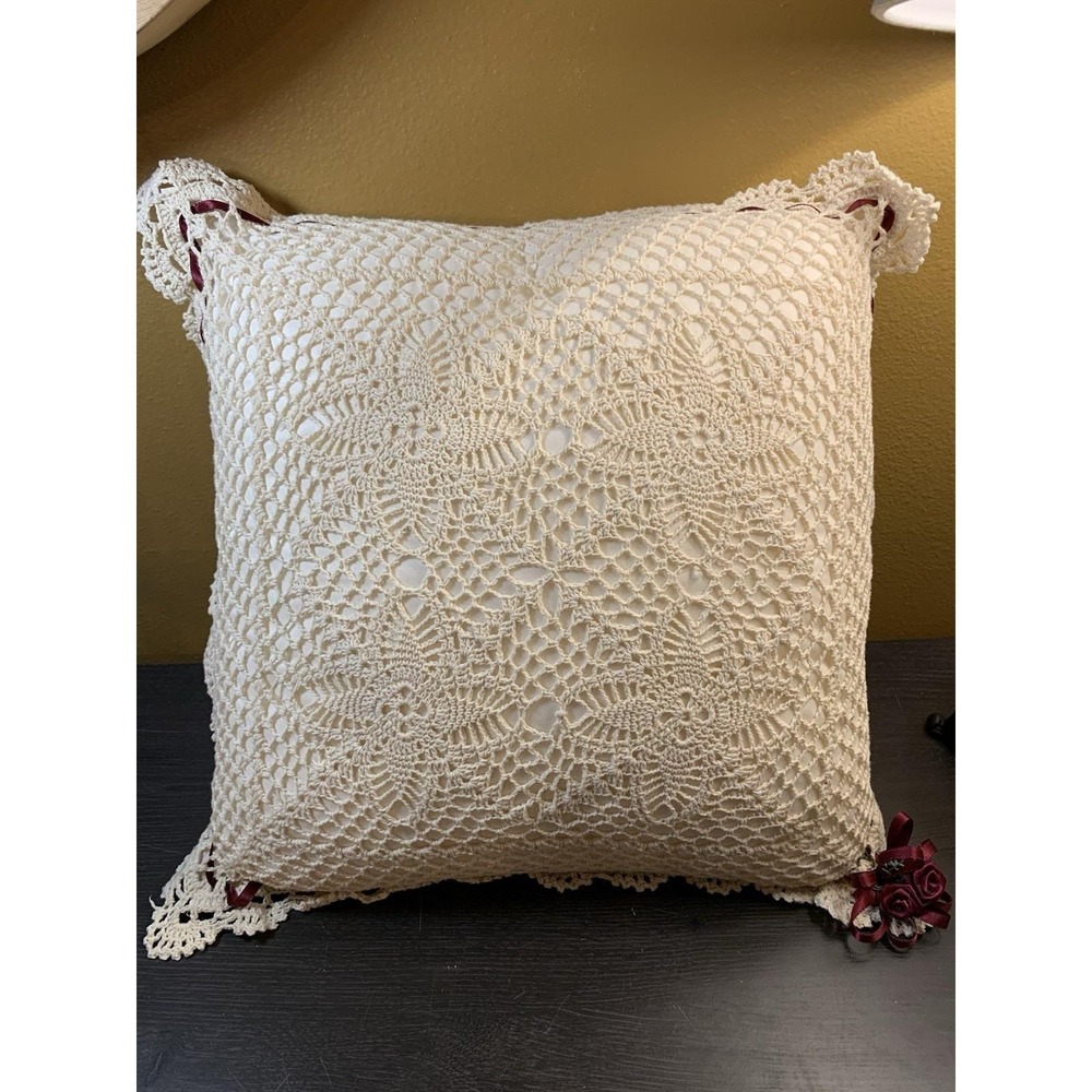 Vintage Crochet Lace Throw Pillow Cream Burgundy Ribbon Rosebuds Square 13x13